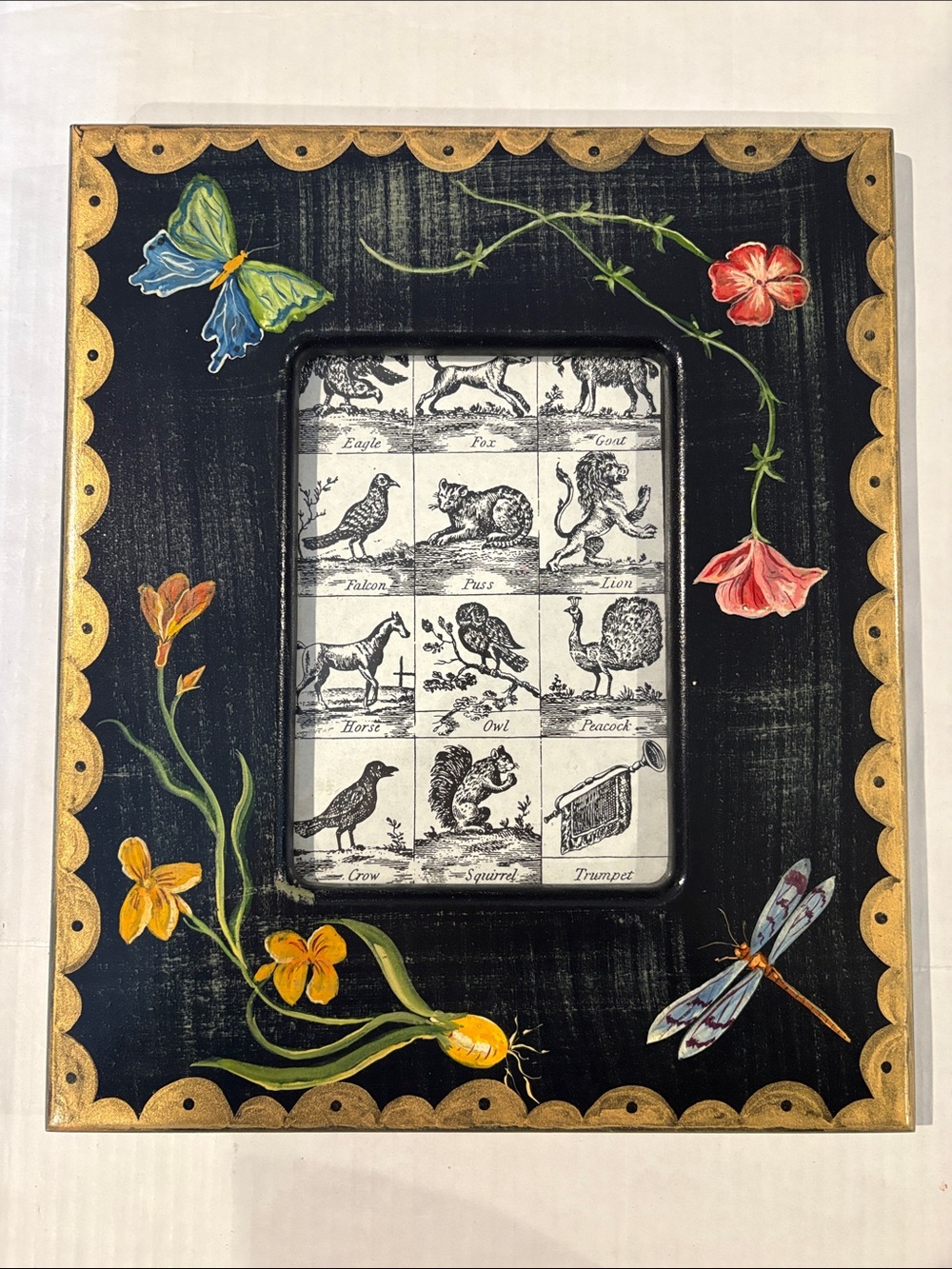 Black Hand-Painted Floral Picture Frame with Butterfly and Dragonfly Accents